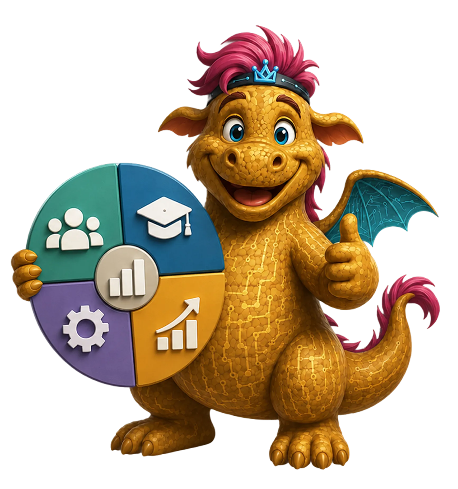 Lächelnder Drache mit pinker Mähne zeigt Daumen hoch und hält Kreisdiagramm mit Symbolen.