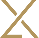 Abstract gold geometric shape with intersecting diagonal lines on a black background.
