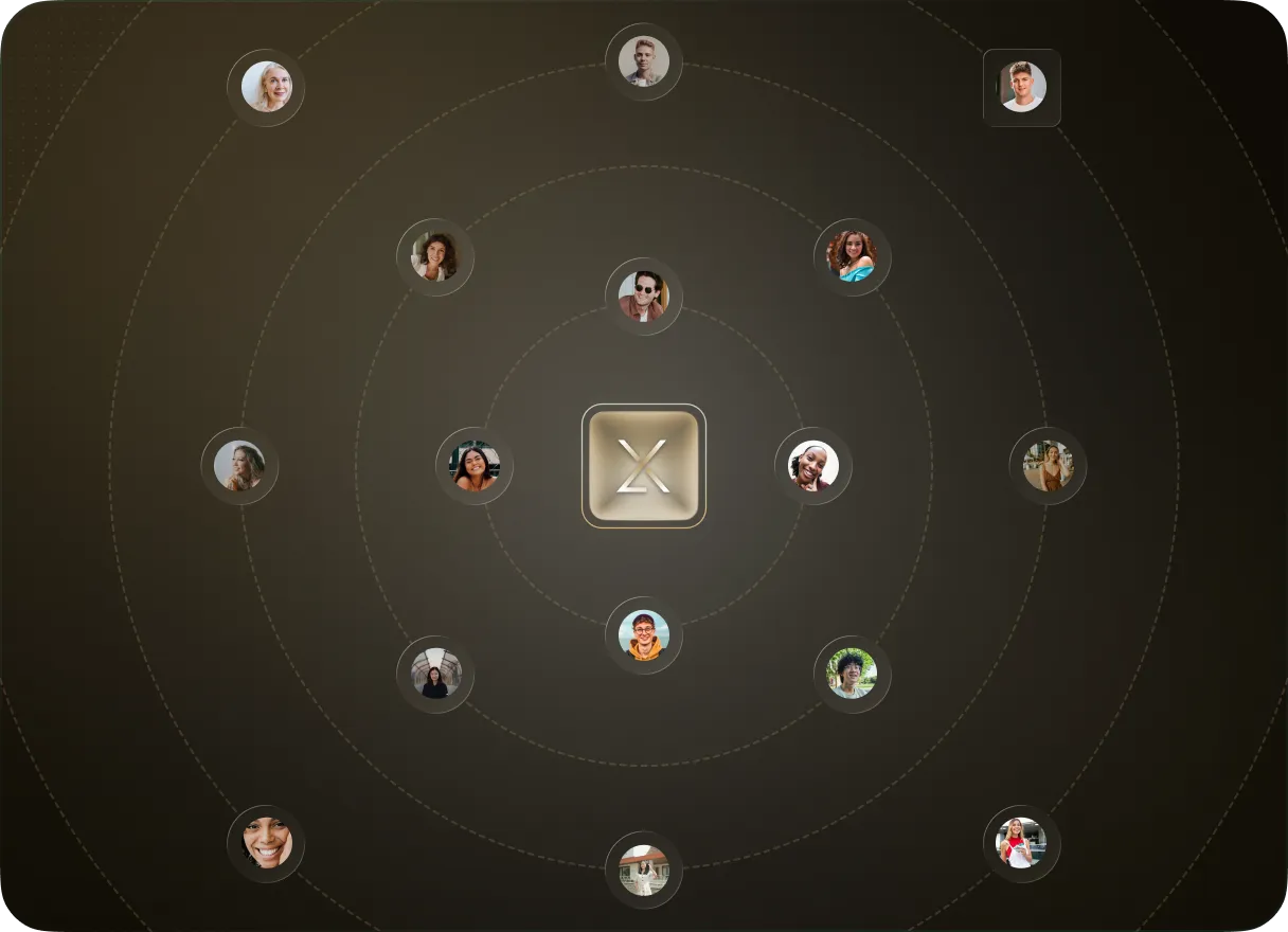 Zentraler Knopf mit Symbol verbindet diverse Porträts von Personen in konzentrischen Kreisen.