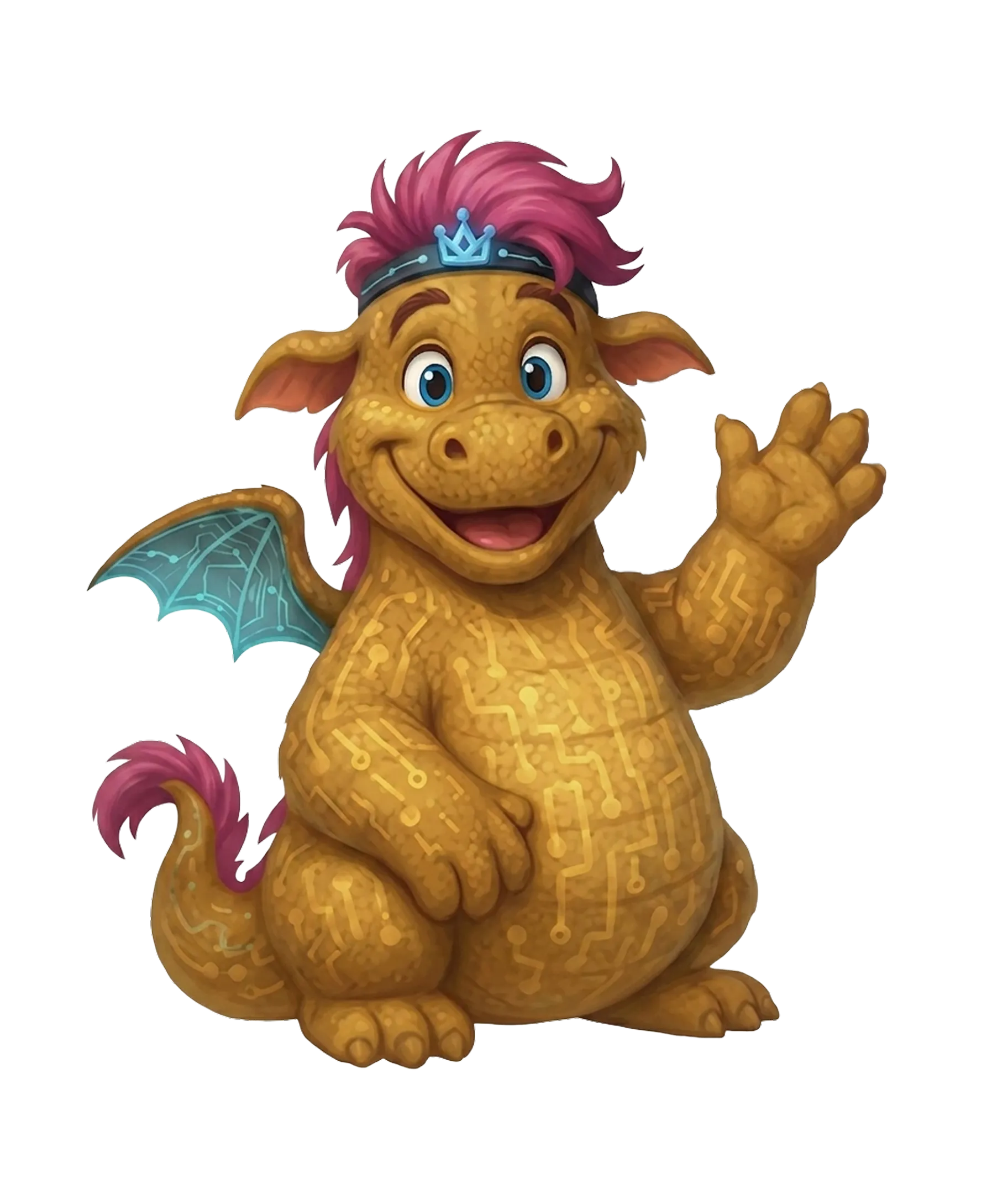 Fröhlicher gelber Drache mit rosa Haaren, blauen Augen, einer kleinen blauen Flügel und einer Krone winkt.